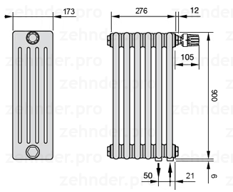 Схема (чертеж) Радиатор Zehnder Charleston 5090/6 №V002 Белый глянцевый RAL 9016